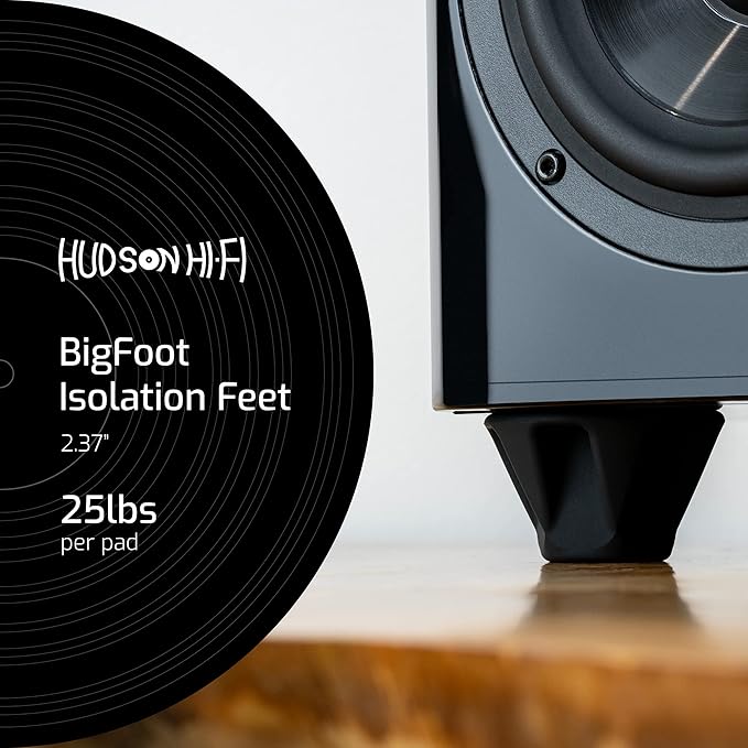 Speaker Isolation Feet – 4-Pack 1.5" Bigfoot Rubber Pads – Non-Adhesive Anti-Vibration Feet for Turntables, Subwoofers, Amplifiers – 50 Duro Non-Skid Bumpers for Audio Equipment