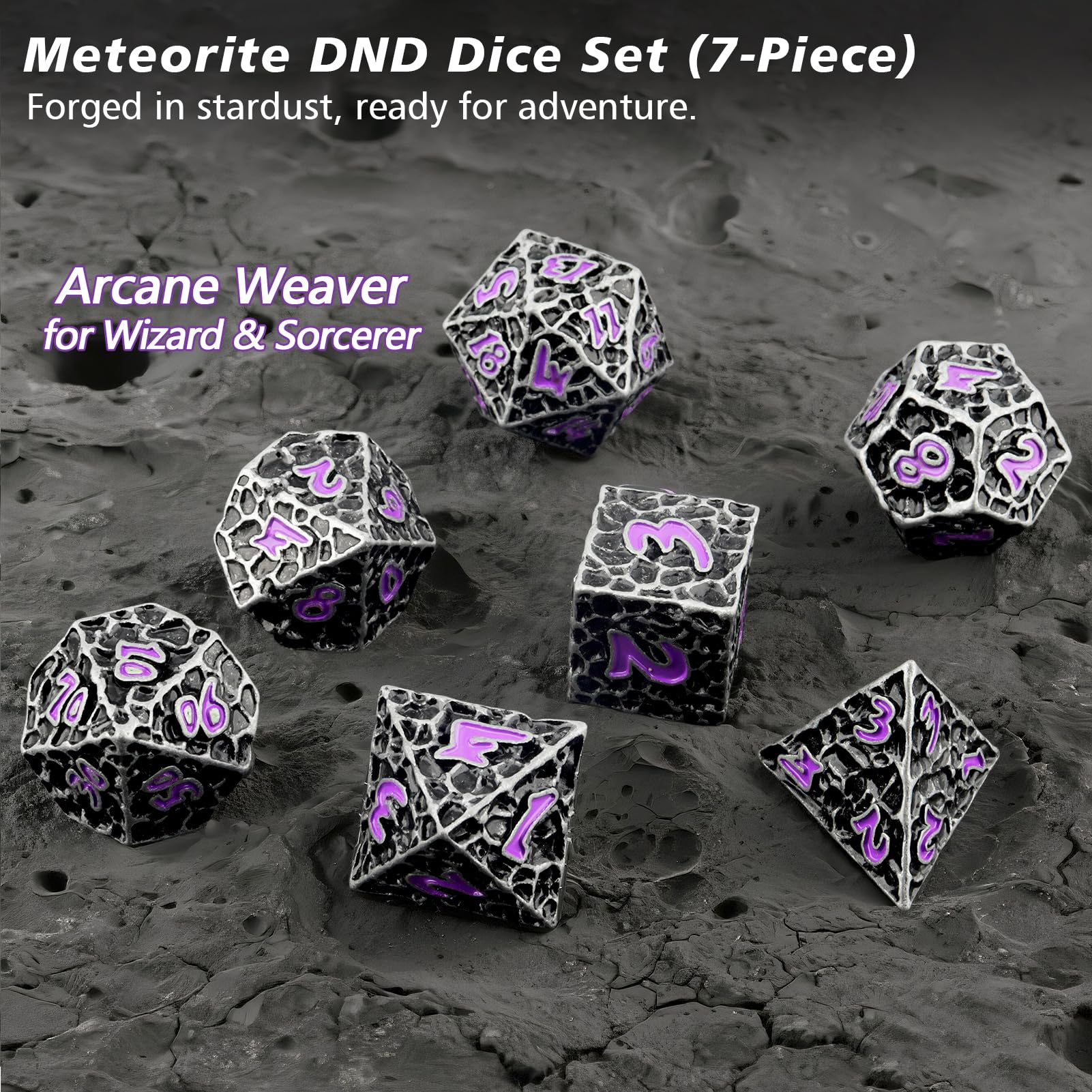 PJOY Metal Dice Set D&D for Dungeons and Dragons Dice with Case Meteorite Iron Purple 7PCS 16mm Role Playing Cool DND Gifts for Players DM Board Game Masters Wizards