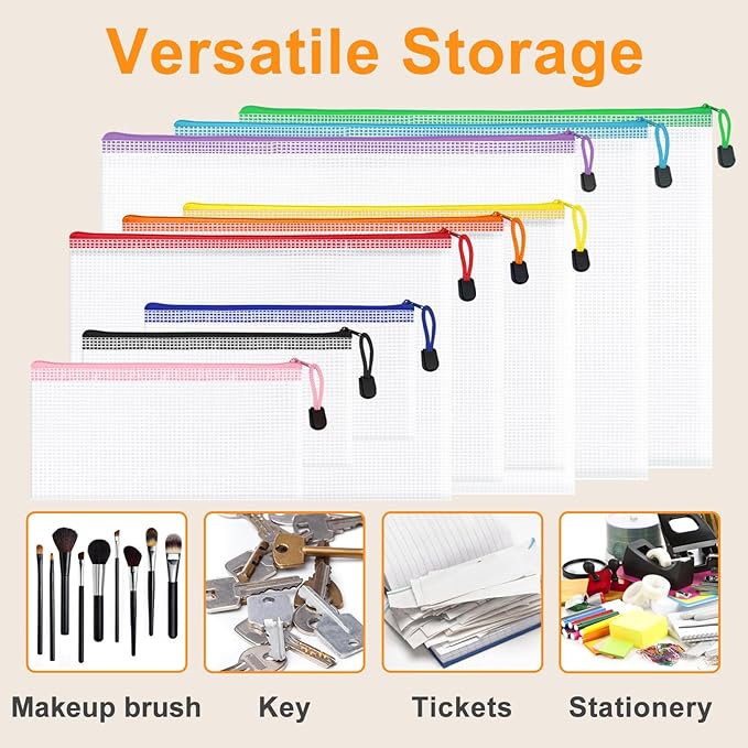 64Pack Mesh Zipper Pouch Bags, Waterproof A4 Letter Size Document Zipper Pouches for Storage, Teacher School, Toys, Puzzle, Office, 8 Colors