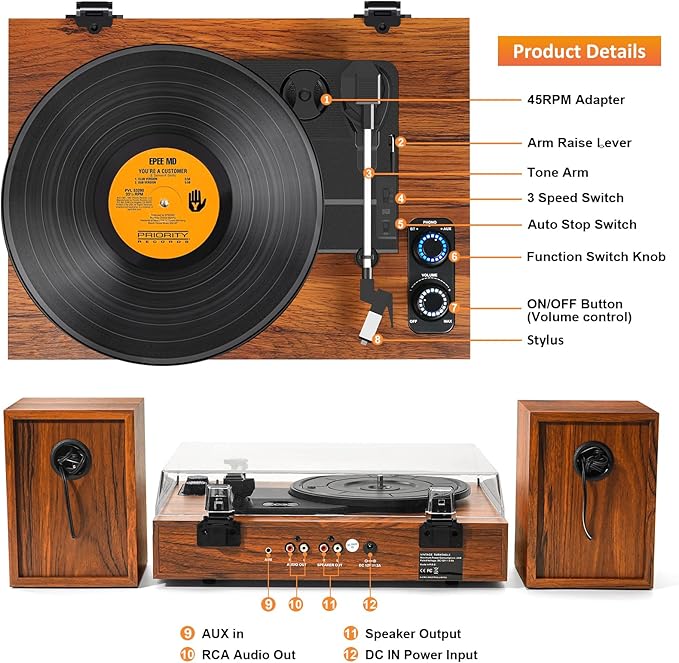 Vinyl Record Player with External Speakers, 3 Speed Vintage Stereo Turntable for Vinyl Records, Bluetooth Input, Auto Stop & Belt Driven System, RCA Out and Aux in - Brown Wood