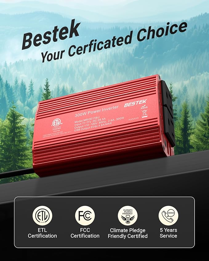 BESTEK Power Inverter DC 12V to AC 110V - 300W Car Plug Adapter Outlet with 4.8A Dual USB Fast Charging Port - Car Charger Cigarette Lighter Adapter for Phone, Laptop on Road Trip - Aluminum Housing
