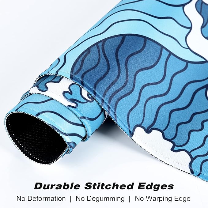 Extended Gaming Mouse Pad, Japanese Blue White Wave Mousepad, XL Large Mouse Mat Desk Pad 30 x 14 Inch, Waterproof Anime Mouse Pad with Stitched Edges and Non-Slip Base for Office Gaming