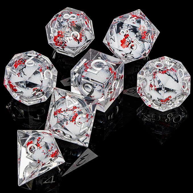 ARUOHHA DND Resin Dice Plum Blossom Liquid Core White Sharp Edge Dragons Polyhedral Dice Set with Gift Box, Compatible with D&D Role Playing Game Dungeons D and D Dice Set D20 D12 D10 D6