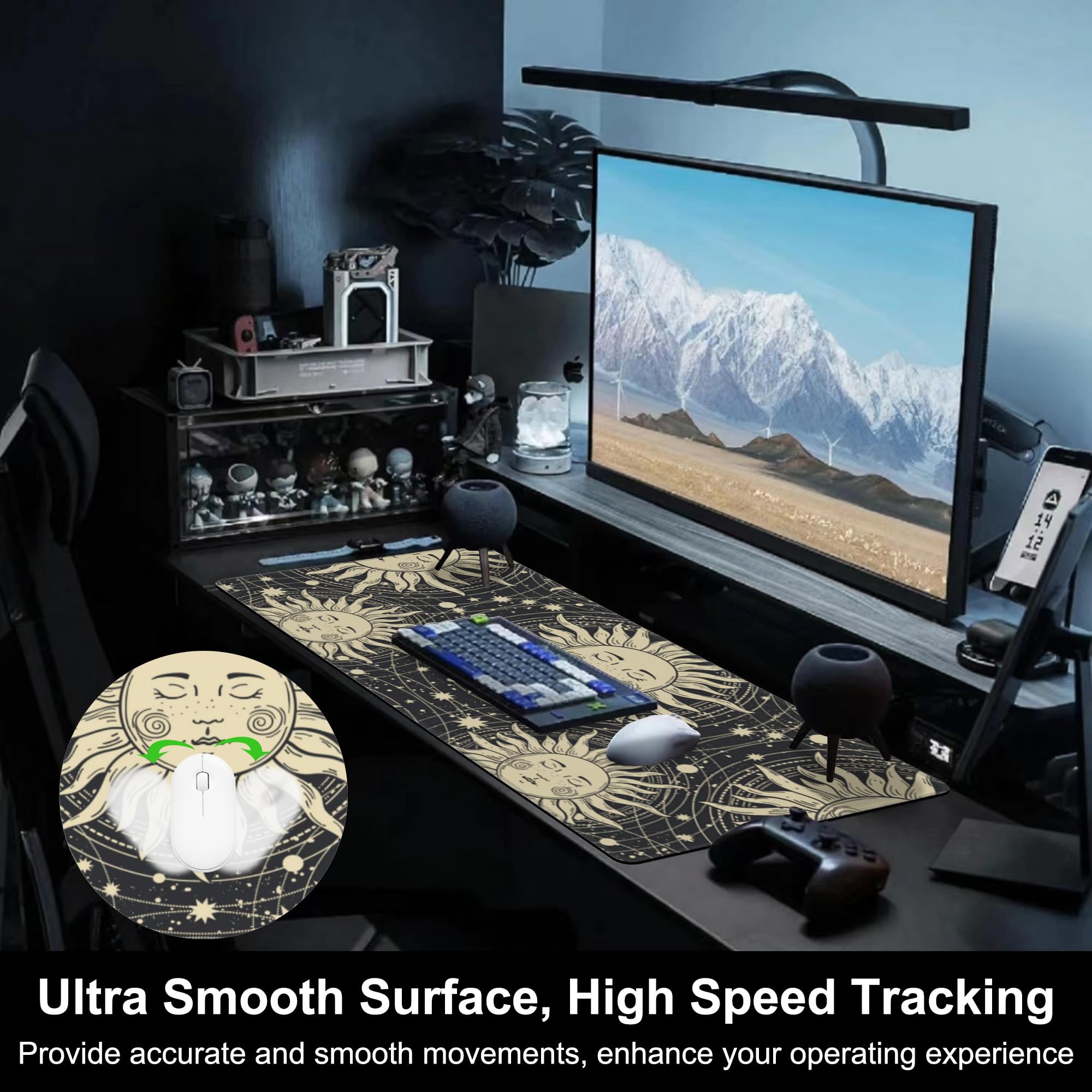 Mouse Pad, Large Golden Sun with a Face and Orbits Desk Mat, Extended Non-Slip Gaming Keyboard Mousepad Desk Pad, Thick Stitched Edges Waterproof Mouse Mat 31.5"x15.7" (Boho Pattern)