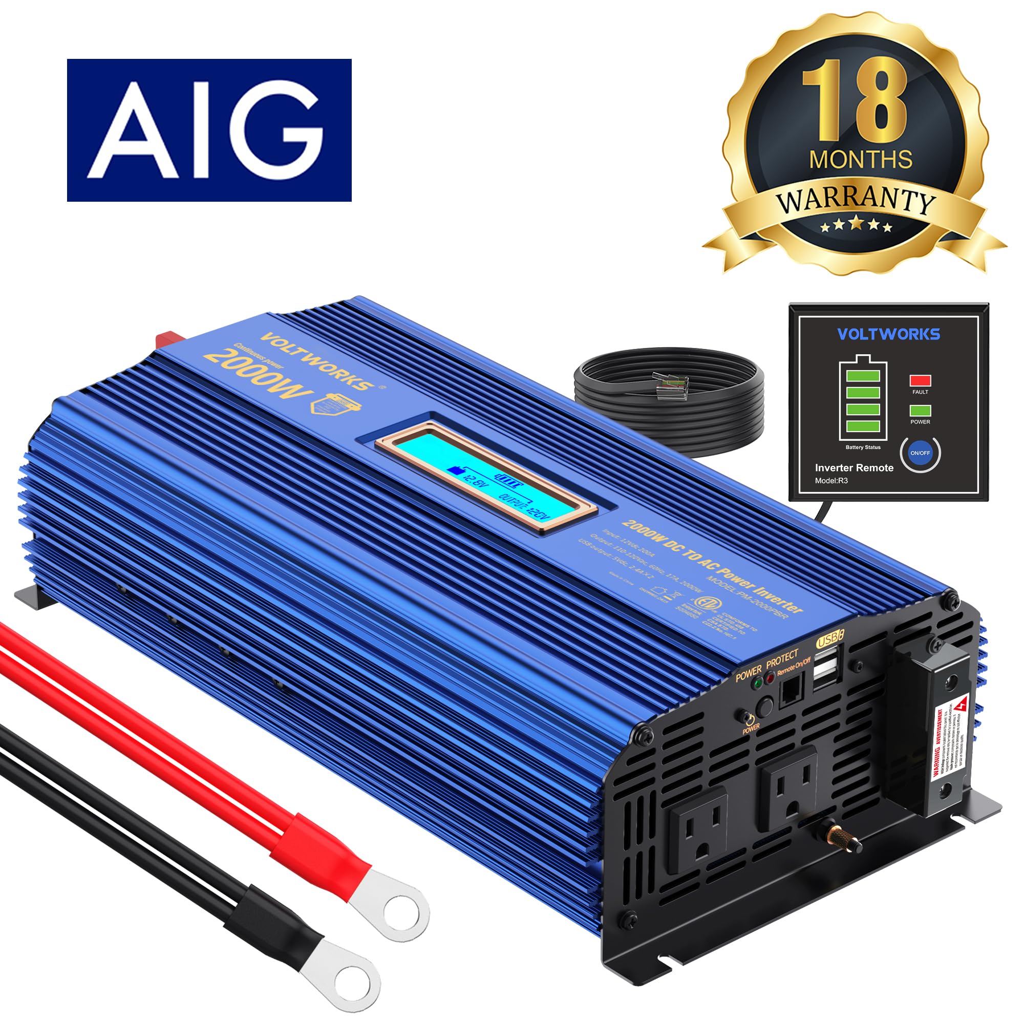 Power Inverter 2000w DC 12V to AC 120V ETL UL458 VOLTWORKS
