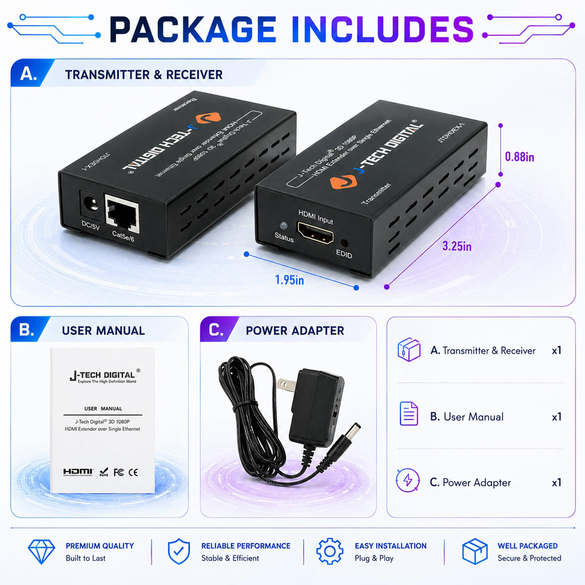 J-Tech Digital HDMI Extender over cat5e/6 1080P@200ft HDMI Balun Over Single Ethernet Supports EDID Copy Compatible with Dolby Digital DTS