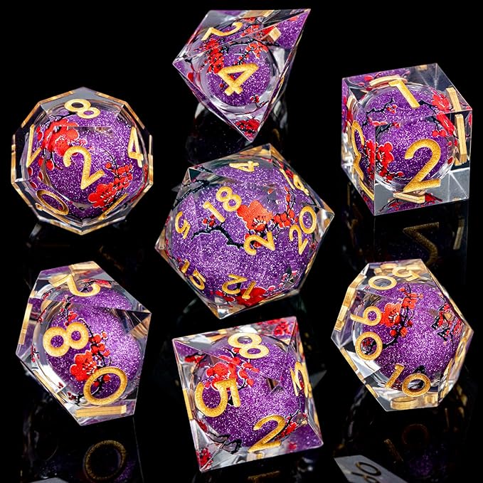 ARUOHHA DND Resin Dice Plum Blossom Liquid Core Purple Sharp Edged Polyhedral Dragons Dice Set with Gift Box, Dungeons D and D Dice Role Playing Game D20 D12 D10 D8 D6 D4