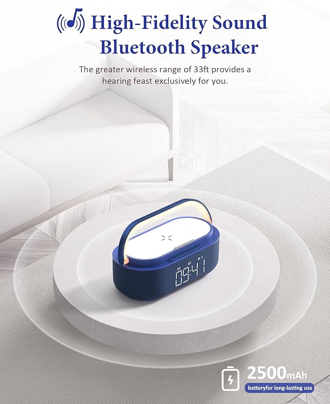 COLSUR 6-in-1 Bluetooth Speaker Alarm Clock with 15W Wireless Charger, FM Radio, Adjustable LED Night Light, 2500mAh Battery, Snooze Function – for Bedroom, Home, Office
