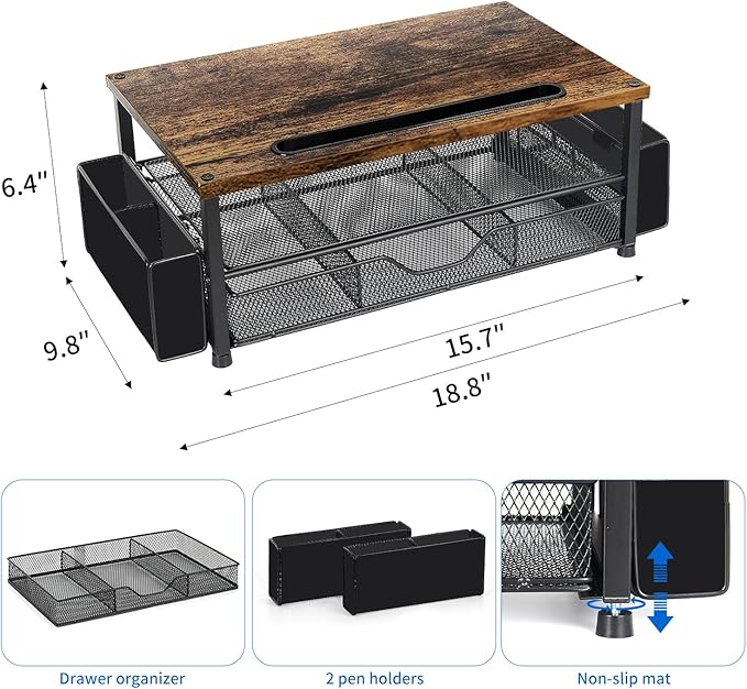 Wood Desk Organizers and Accessories, 2-Tier Computer Monitor Stand Riser with Drawer, Pen Storage & Phone Holder, Office Desk Accessories, Workspace Desktop Organization for Office Supplies（Brown）