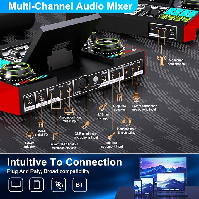 Podcast Equipment Bundle with 3.5mm Condenser Microphone for Pc/Phone Live Streaming Singing Gaming, Podcast Microphone Bundle with Live Sound Card Audio Mixer,Voice Changer, Denoise,DJ Sets