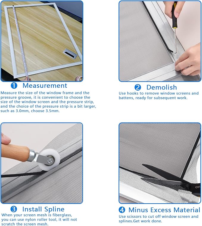 BAYTORY Window Screen Repair Kit, Nylon Roller Tool with Bearing, Spline Removal Hook and 32ft Retainer Spline Replacement for Installing Door Mesh Screens
