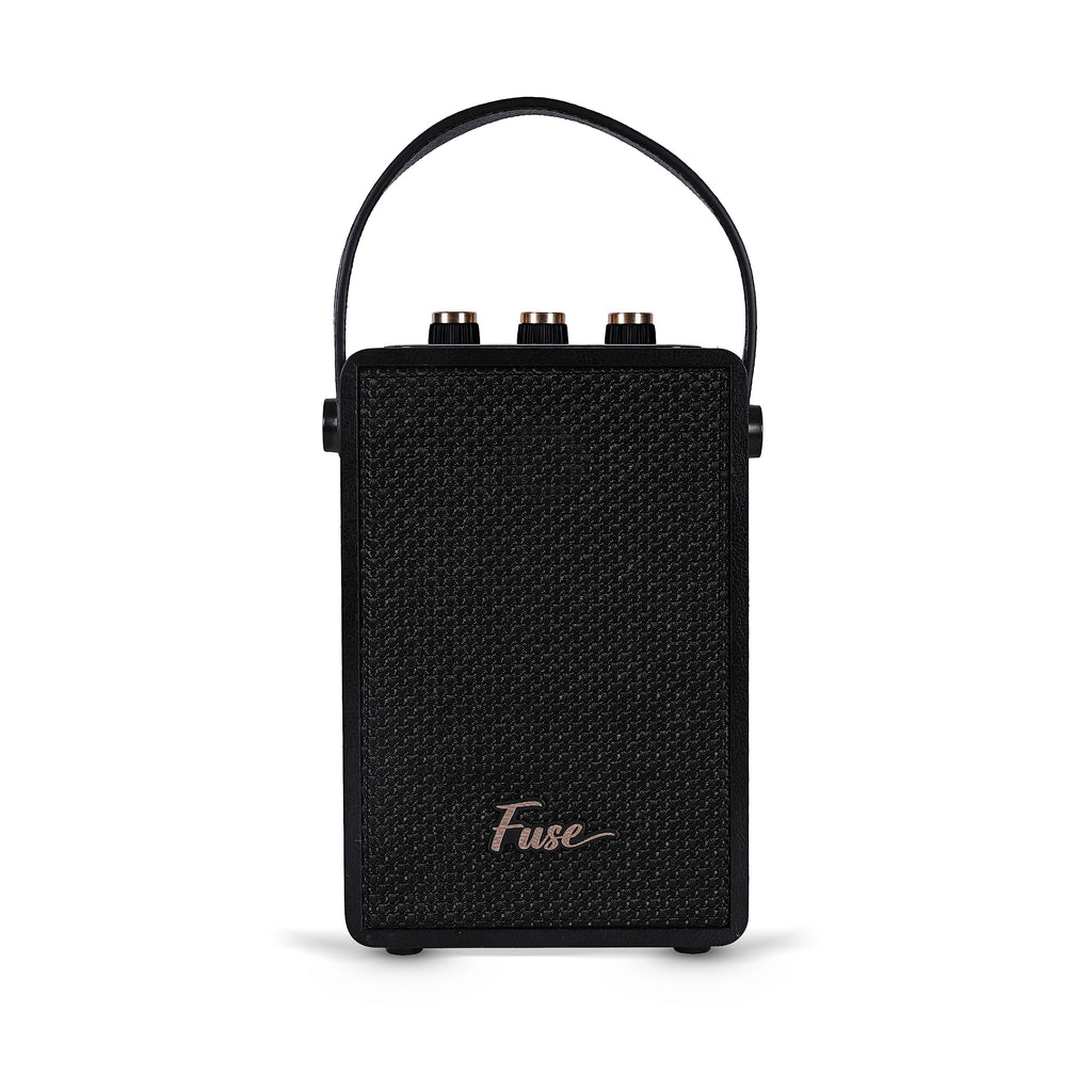 Fuse Andle Vintage Retro Bluetooth Speaker with Vegan Leather Handle | Portable Speaker with Smartphone Connection | USB & AUX Input | Stylish Black Wood Exterior