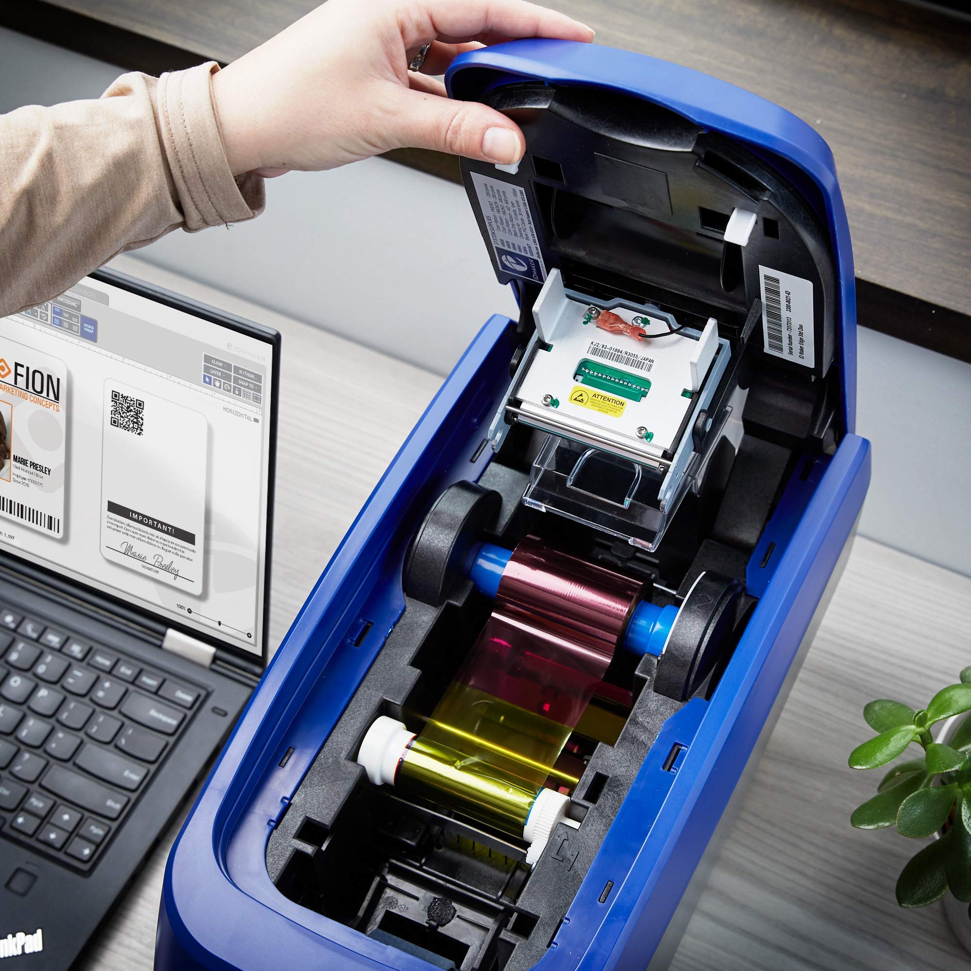 ID Maker Card Edge 2 Sided Printer Machine & Supply Kit for Badge Printing - Print Professional Quality Identification Badges - IDMaker Software, 200-Print Color Ribbon, 100 PVC Cards