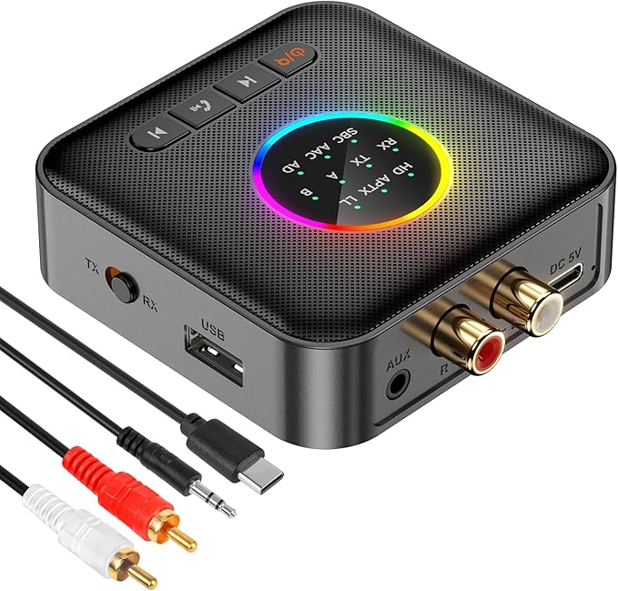 Upgrade Bluetooth 5.2 Transmitter Receiver aptX Adaptive/Low Latency/HD Bluetooth Adapter Support 2 AirPods Headphones, Wireless HiFi Audio Receiver with AUX RCA USB for TV/Car/PC/Home Stereo/Speakers