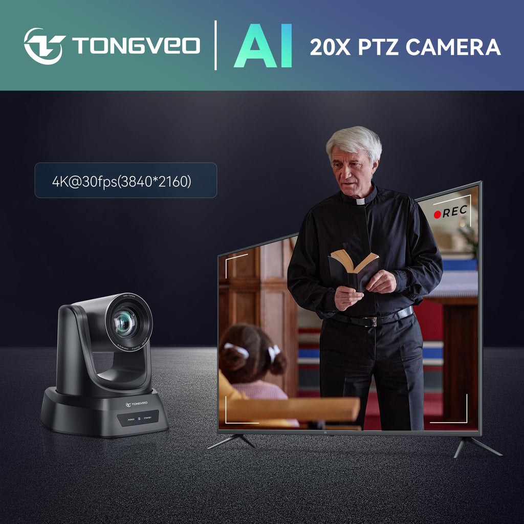 TONGVEO Conference Room PTZ Camera System with 20X Optical Zoom, AI Auto Tracking 1080P 60fps HDMI USB Webcam for Church Streaming Online Video Conference,Compatible with Zoom, OBS Easy Setup（1 pc