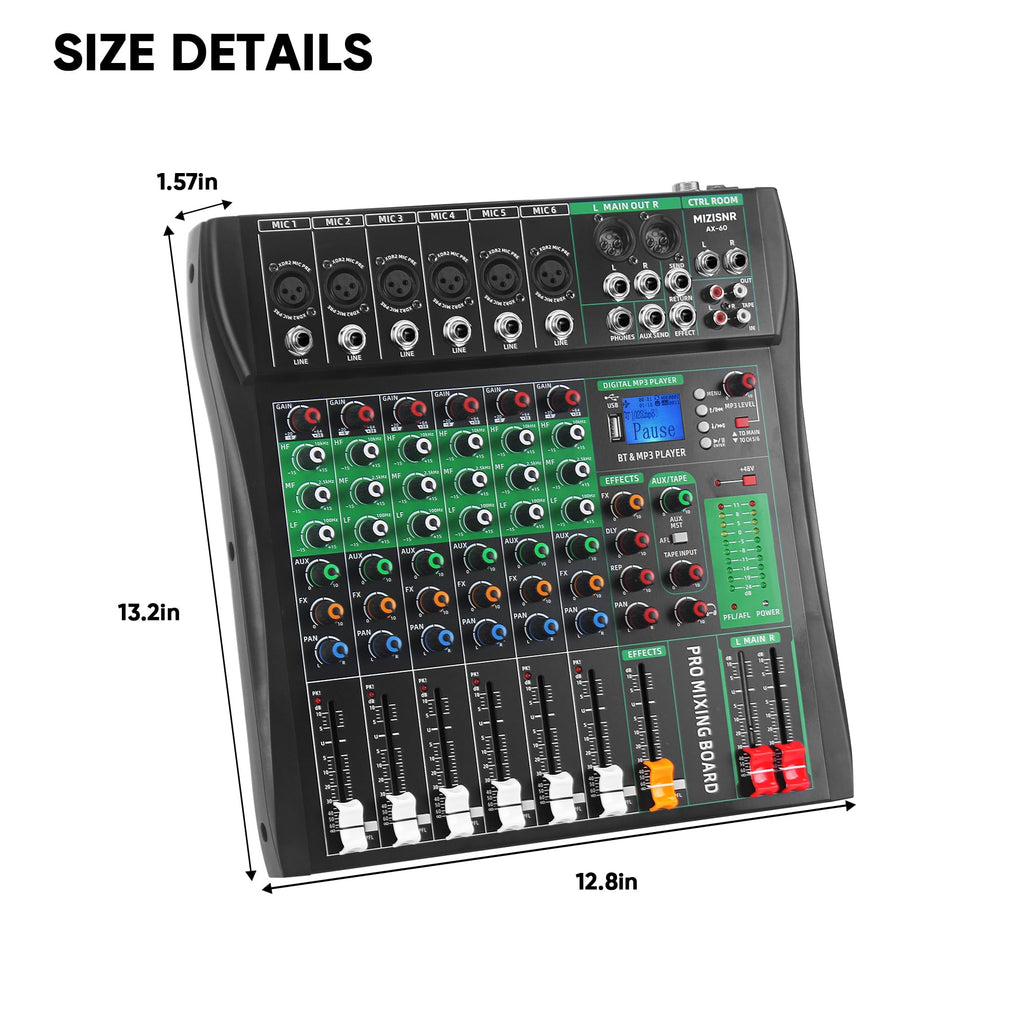 MIZISNR 6 Channel Audio Mixer, Professional DJ Mixer Board Sound Music Mixing Console Digital Mixer with Reverb, Bluetooth, USB Port, 48V Phantom Power for Recording Karaoke Podcasting