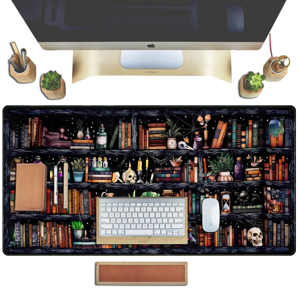 Desk Mat Forest Library Book Mouse Pad Big Desk Pad XXL Extended Gaming Large Mouse Pad for Desk Rubber Base Mousepad with Stitched Edges, Keyboard Mouse Mat for Work Game Office Home 31.5x15.7 in