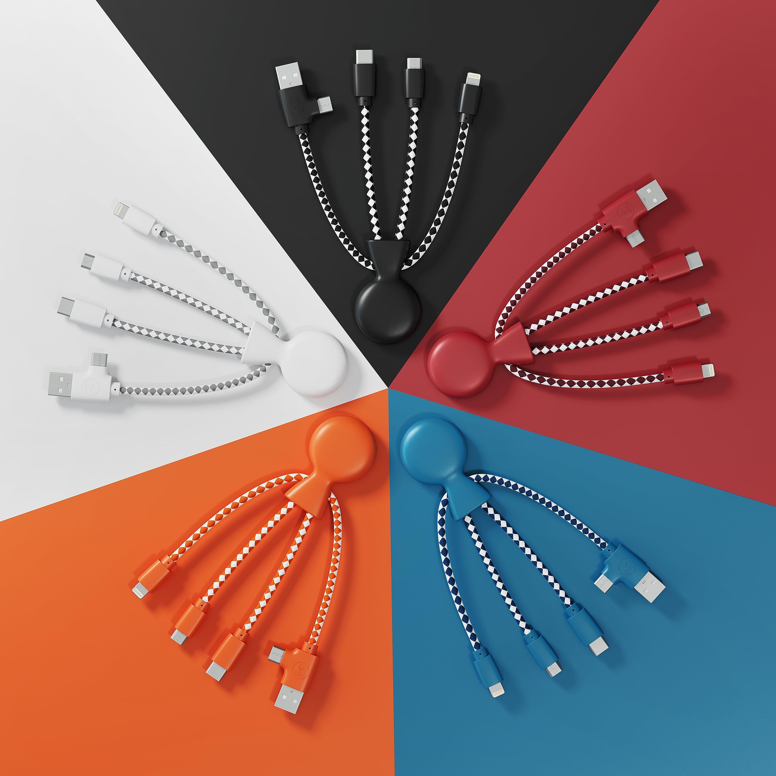 Xoopar Multi USB Cable 4 in 1 - Universal Charger Made from Recycled Plastic - USB, USB-C, Lighting, Micro USB Ports - Compatible with All Smartphones Mr Bio RED Octopus
