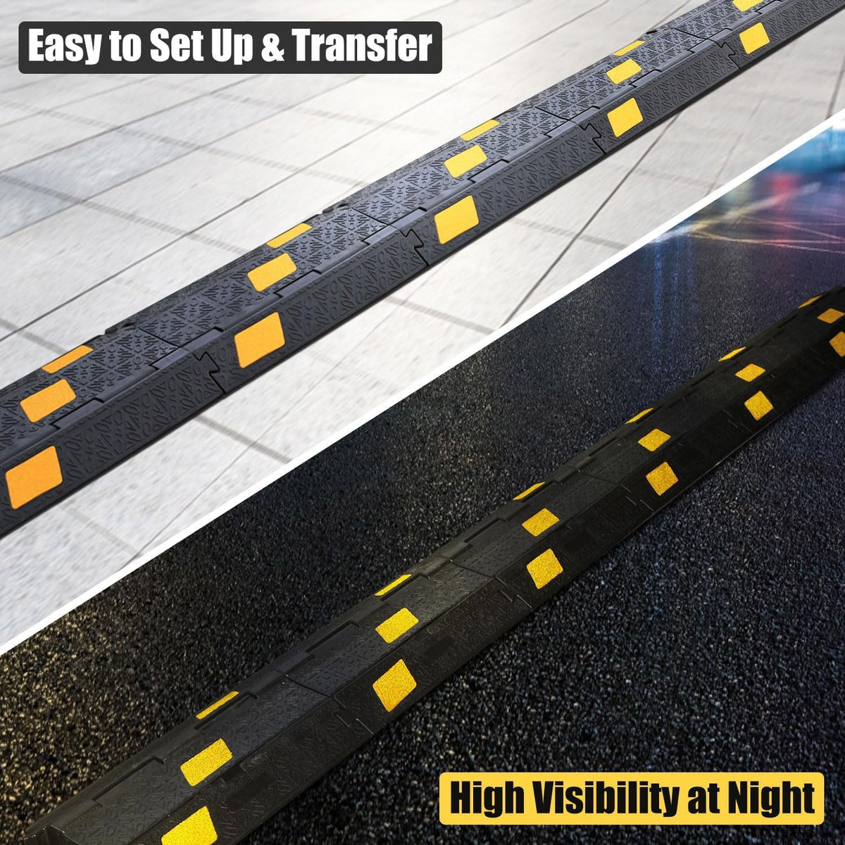 OranLite 6 Pack 2-Channel Rubber Cable Protector Ramp, 17" x 10" x 1.8" inch Interlocking Floor Wire Cord Cable Cover, Visible at Night, Durable Rubber Speed Bump Hump Ramp (2-Channel 6 Pack)