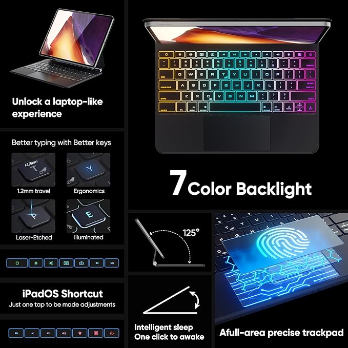doqo Keyboard case for iPad Air 13 (M2) 2024/ (M3) 2025 and iPad Pro 12.9(6th,5th,4th,3rd Gen), Magic Keyboard case with Multi-Touch Trackpad Slim 7 Colors Backlit Black