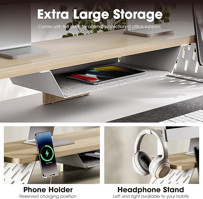 Fenge Dual Monitor Stand, Wooden Desk Shelf with Headphone & Phone Holder