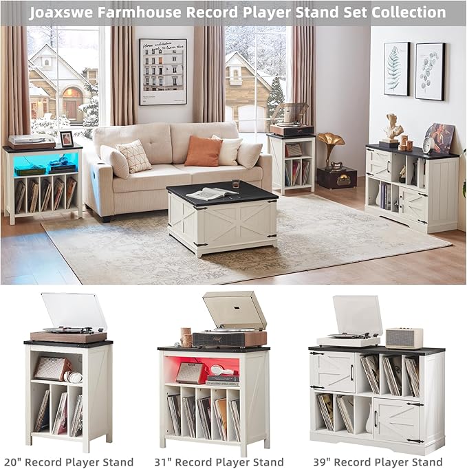 Large Record Player Stand with Vinyl Storage Up to 450 Albums, 39 Inch Farmhouse Rustic Wood White Storage Cabinet with Barn Doors, Vintage Mid-Century Turntable Stand for Bedroom, Living Room