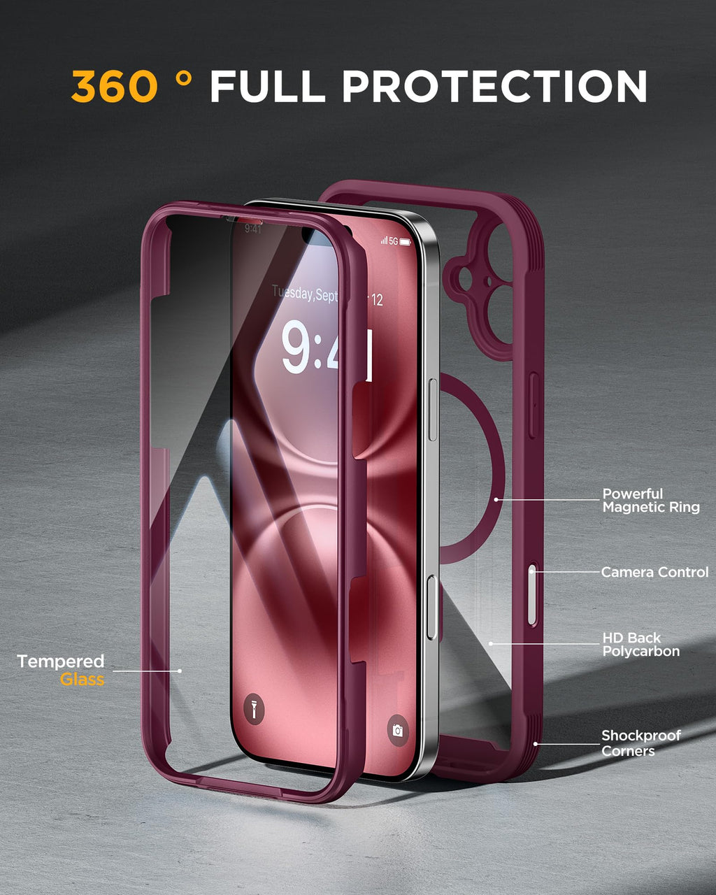 Miracase for iPhone 16 Case 6.1'', [Bubble Free] Full-Body Bumper Phone case with Built-in Full Glass Screen &Lens Protector,No Gap,Compatible with MagSafe,Drop Proof 16 Cover, Plum