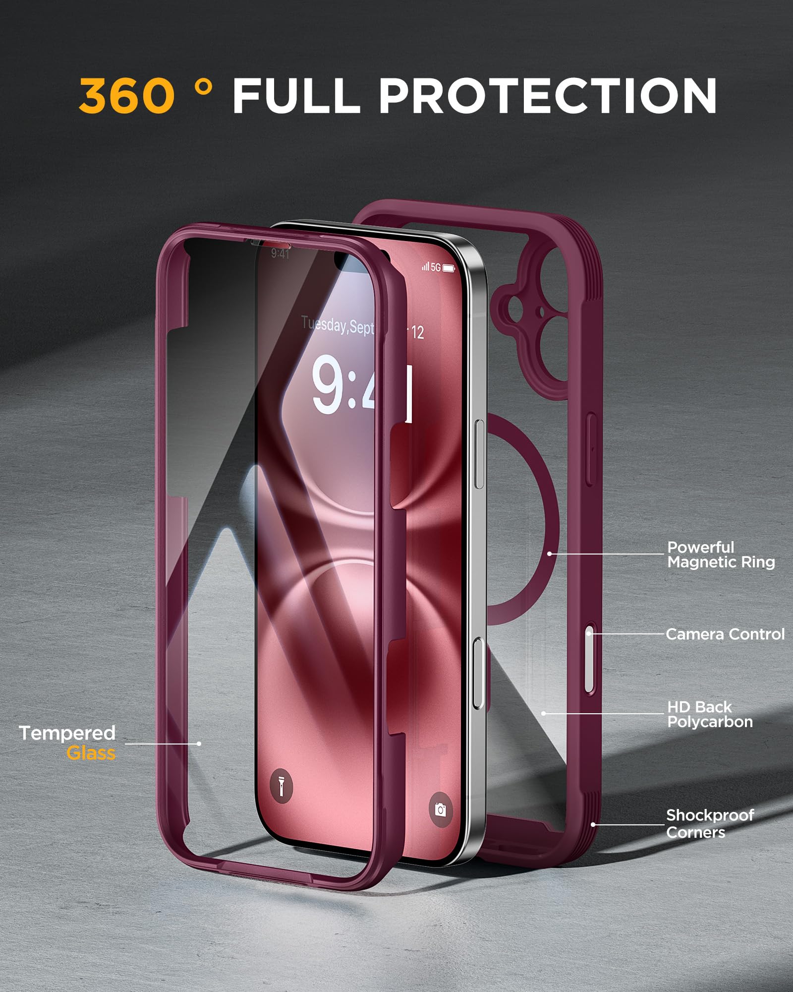 Miracase Magnetic for iPhone 16 Plus Case Full-Body Phone with Built-in Glass Screen Protector, [Compatible with MagSafe] Military Drop Proof 16 Plus Cover 6.7 inch, Plum