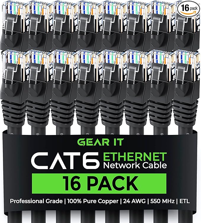 GEARit Cat 6 Ethernet Cable (16-Pack 1 Foot) Cat6 Network Patch, 10Gbps, RJ45, Snagless Cord, Gold-Plated Connectors, Internet for PC, TV, Tablet, Router, Printer, Servers, IT Data Center - Black