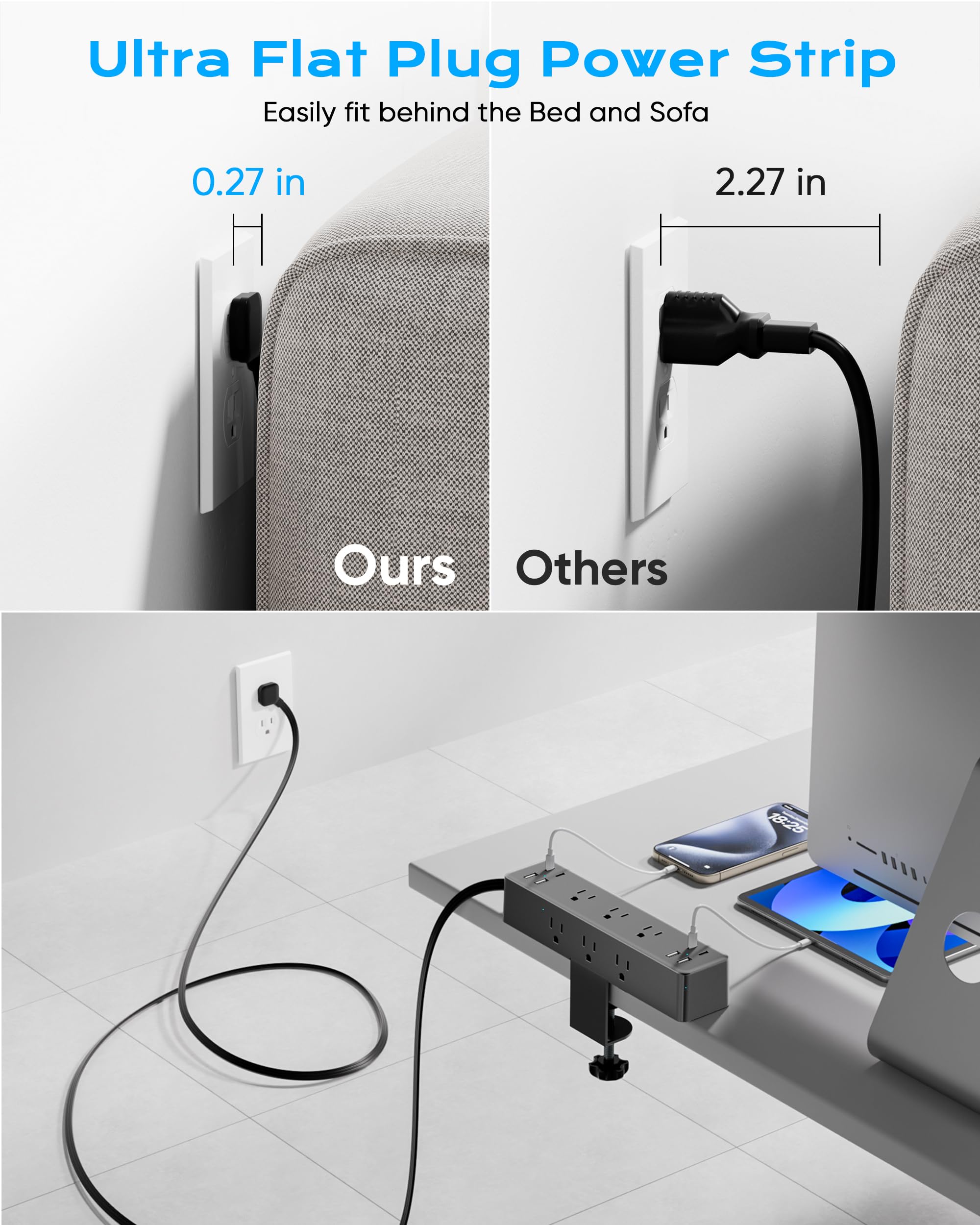 Acozvin Desk Clamp Power Strip 10FT, 24W Total Charging Station