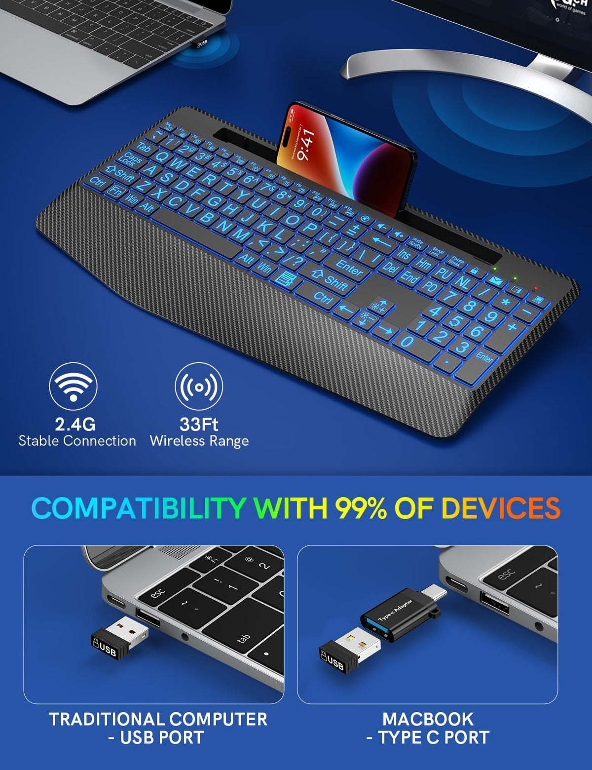 Wireless Keyboard, 7 Colored Backlits, Wrist Rest, Phone Holder-Rose gold