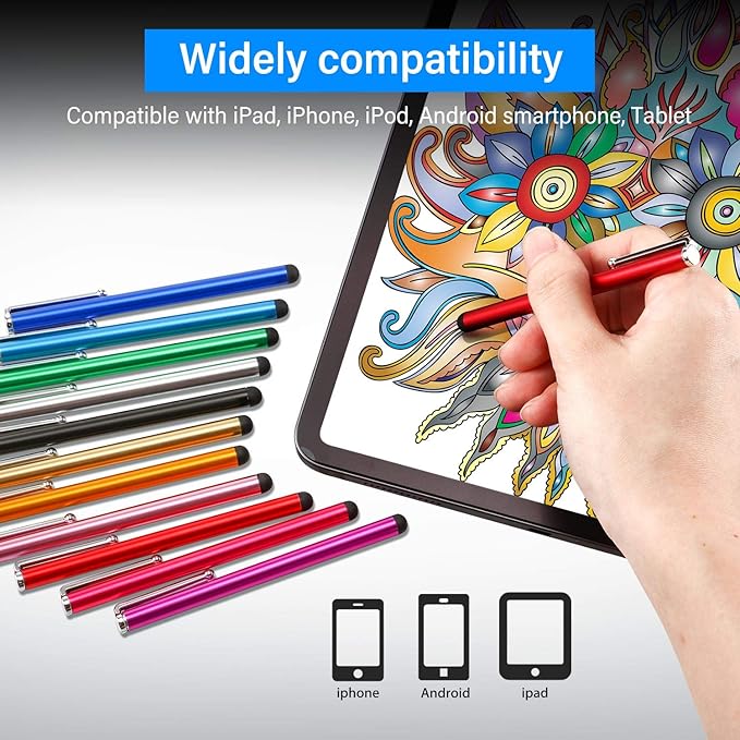 Outus 100 Pieces Stylus Pen Slim Touch Screen Stylus Universal Capacitive Digital Pen Compatible with iPad, iPhone, Samsung, Tablet, Most Devices with Capacitive Touch Screen, 10 Colors