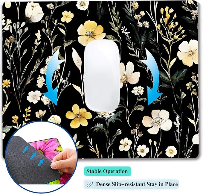 Wildflowers Aesthetic Floral Custom Mouse Pad with Non-Slip Rubber, Small Square Design for Wireless Laptop & Computer Mouse Pads for Desk, 9.5 x 7.9 inch Smooth Surface for Gaming & Office