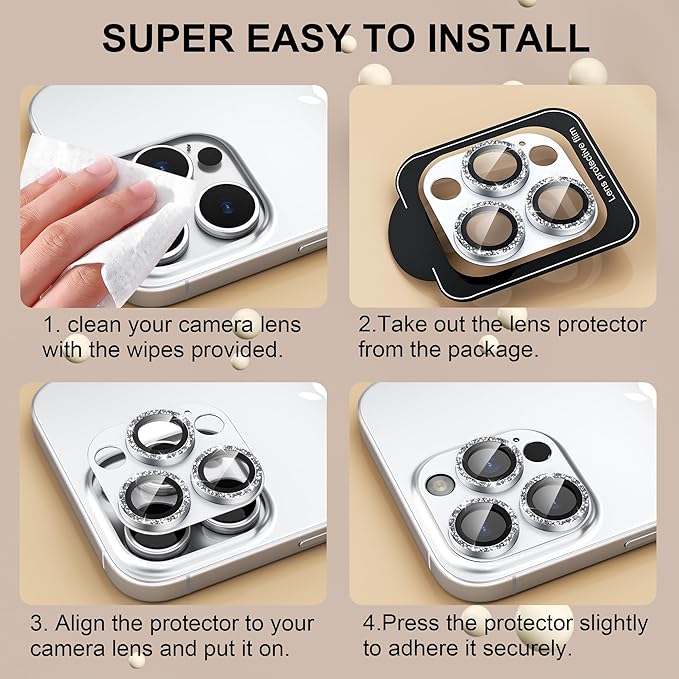 beuxece Compatible for iPhone 16 Pro/iPhone 16 Pro Max Camera Lens Protector, Bling Metal Tempered Glass Camera Screen Cover Accessories [Strong Adsorption][Case-Friendly]- Glitter Titanium Silver