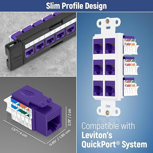 Everest 45° Angled RJ45 Cat6A Keystone Jacks 10-Pack in Purple - Slim Profile Female RJ45 Connectors - Cat 6A Keystone Jack - Compatible with 45° Angled Speed Termination Tool - 45Term (B0BL3GS7ZY)