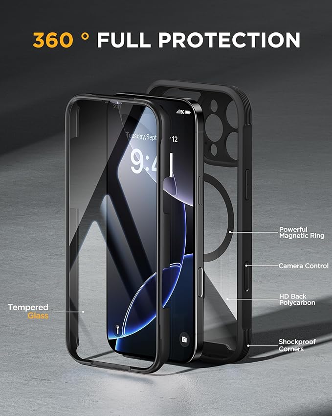 Miracase Magnetic for iPhone 16 Pro Max Case 6.9'' [Compatible with MagSafe] Full-Body Phone case with Built-in Glass Screen Protector& Camera Protector,Drop Proof 16 Pro Max Cover,Black