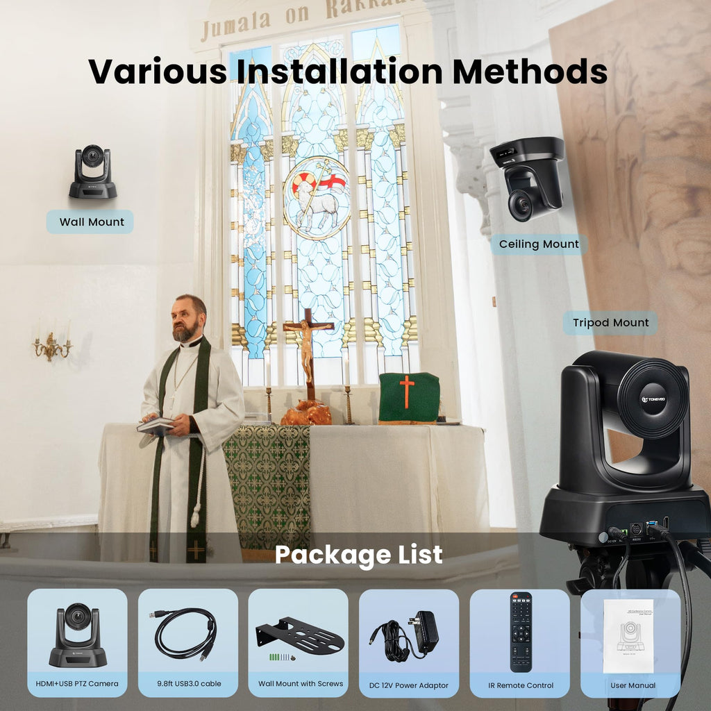 TONGVEO Conference Room PTZ Camera System with 20X Optical Zoom, AI Auto Tracking 1080P 60fps HDMI USB Webcam for Church Streaming Online Video Conference,Compatible with Zoom, OBS Easy Setup（1 pc