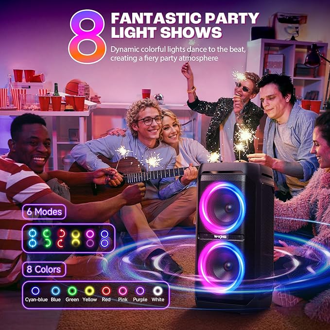 W-KING Large Bluetooth Speaker, 240W Peak Loud Boom Box 2×5.25" Subwoofers & 115dB Deep Bass, IPX6 Waterproof, Wireless Speakers, 24H, For Outdoor Party, Mic&Guitar Input, RGB Lights,Echo, EQ, TF, AUX