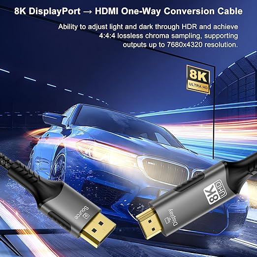 FDBRO 8K DisplayPort to HDMI Cable Active 8K@60Hz 4K@120Hz 32.4Gbps, Uni-Directional, DP 1.4 to HDMI 2.1 Cord Support HDR/HDCP 2.2/DSC 1.2 for Gaming Monitor, TV, PC (Gray & Black, 2M (6.6FT))