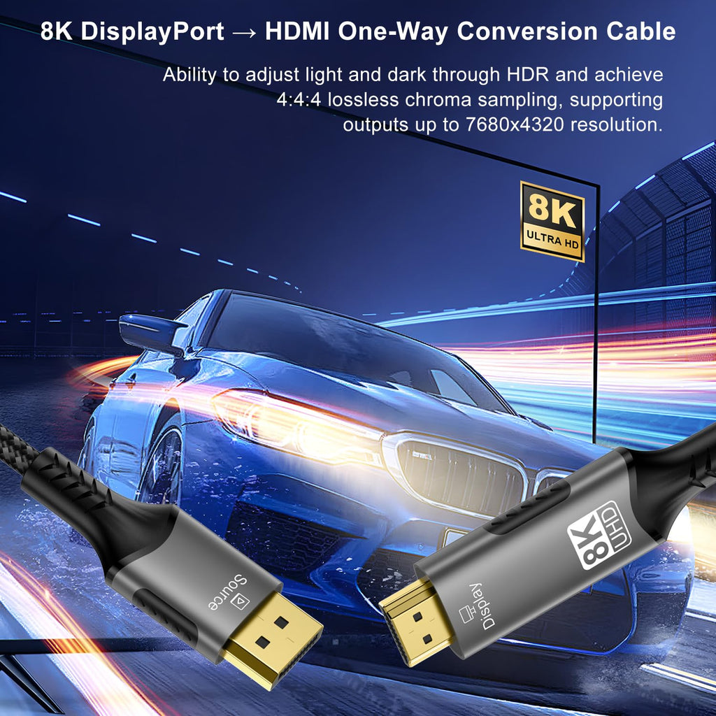 FDBRO 8K DisplayPort to HDMI Cable Uni-Directional Braided Cord-2M (6.6FT)