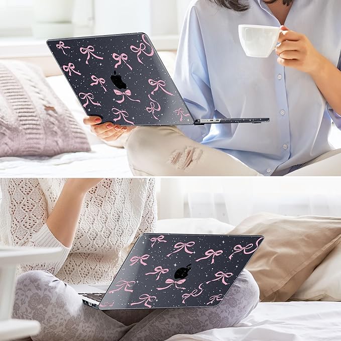 May Chen for MacBook Air 13.6 inch Case A3240 M4 A3113 M3 A2681 M2 with Retina Dispaly, 2025 2024 2023 2022 Release, Plastic Hard Shell Case with Screen Protector & Keyboard Cover, Black Glitter Bow