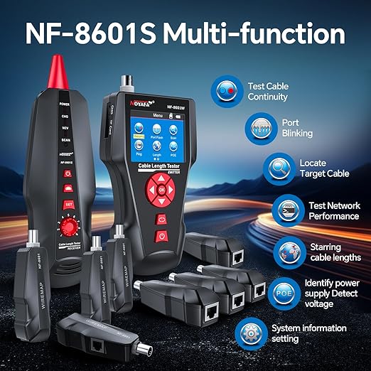NOYAFA NF-8601W Network Cable Tester,LAN Ethernet Cable Tester RJ45 UTP STP Diagnose Tone Tracer Network Cable Length Tester for RJ45, RJ11, BNC, PING/POE 8 Identifier Telephone Wire Tracker