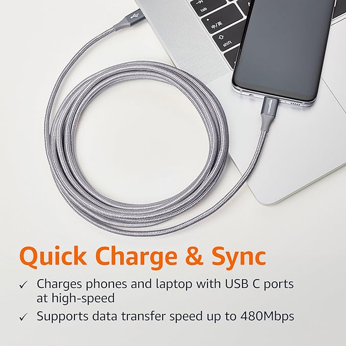 Amazon Basics USB C to USB C Cable Charger Cable, Nylon Braided Cord, 480Mbps Speed, USB-IF Certified, for Apple iPhone 16/15, iPad, Samsung Galaxy, Tablets, Laptops, 10 Foot, Dark Gray