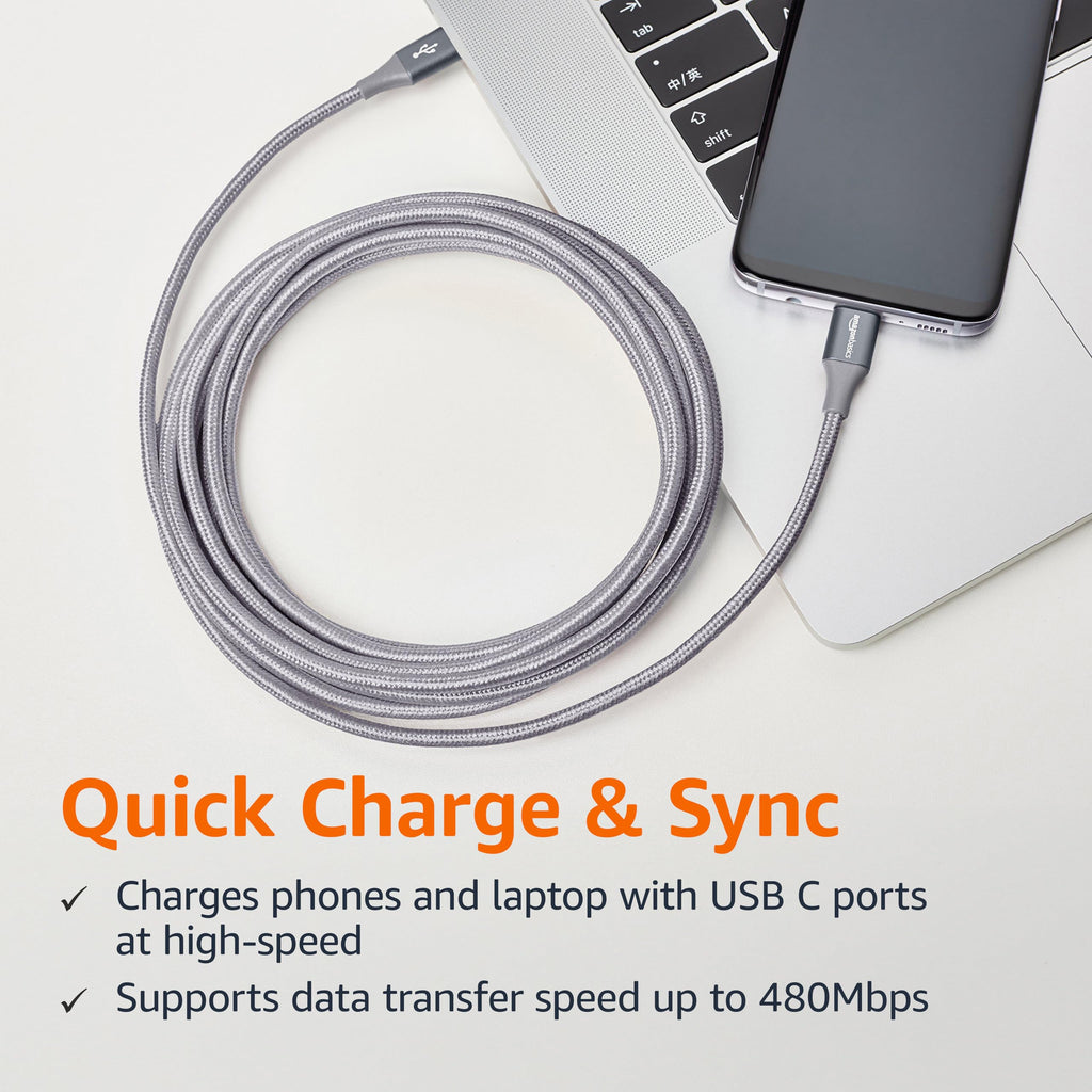 Amazon Basics Nylon Braided USB-C to USB-C 2.0 Fast Charger Cable, 60W, 480Mbps Speed, USB-IF Certified, for Apple iPhone 16/15, iPad, Samsung Galaxy, Tablets, Laptops, 10 Foot, Dark Gray