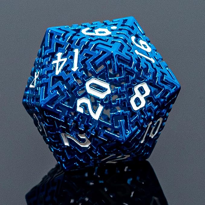 Blue Metal Hollow DND Dice Set (Wizard) Metallic Luster Maze Design with Storage Box - Balanced Weight 7 Piece Zinc Alloy, designed for Dungeons and Dragons DMs and Players RPG Accessories