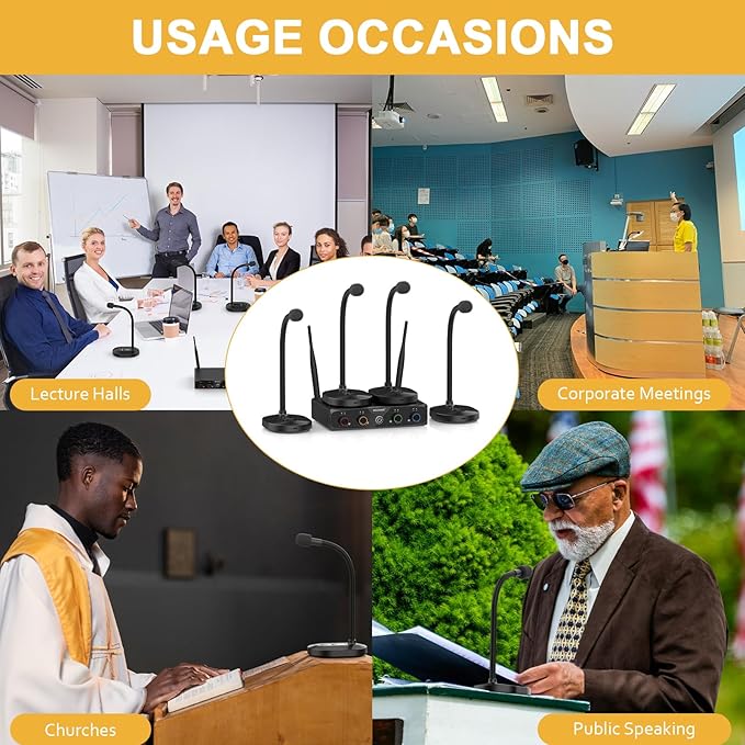4-Channel Wireless Conference Microphone System, UHF Compact Cordless Mic Set w/ 4x10 Frequencies, 200ft Range, 4 Gooseneck Mics for Lecture, Church, Conference, Public Speaking (MWM-41-4G)
