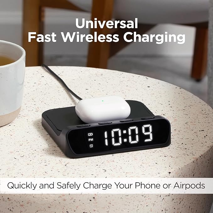 iHome Wireless Charger with Alarm Clock, Compact Digital Alarm Clock for Bedroom, Home Office, or Dorm (iW14)