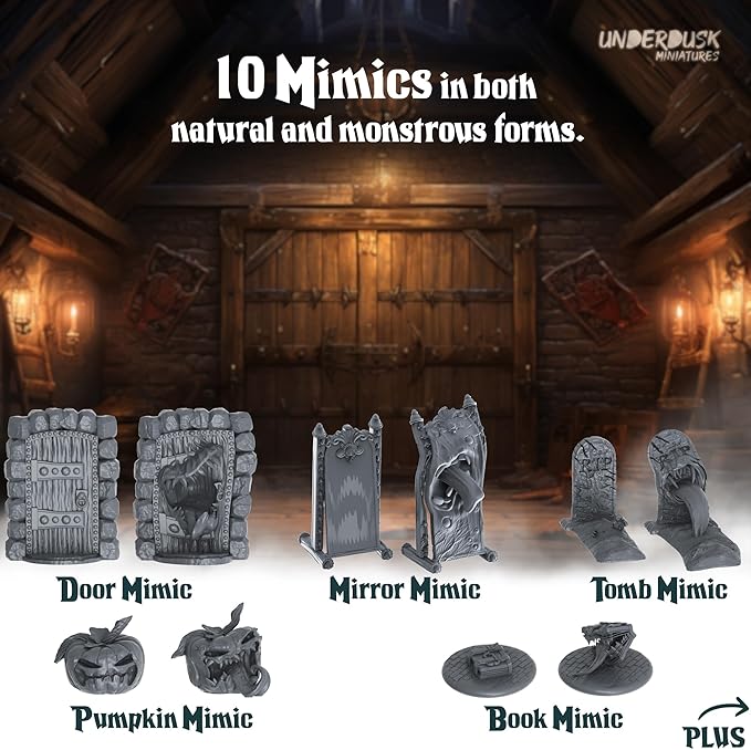 Underdusk: Monsters, Mimics, & Mysteries - 34 Unpainted Miniatures for D&D & Tabletop Gaming | Frightful Creatures and Disguised & Monstrous Mimics with Stat Blocks