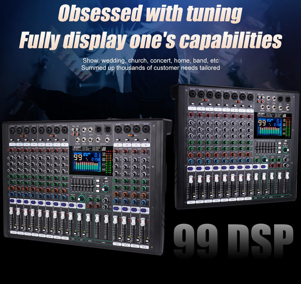GF8 Pro Multi functional 8-channel Audio Mixer, Bluetooth DJ Mixing Console -7-level Stage Equalizer, 99 Sound Effects, Stage Independent Mute, Karaoke, Wedding Scene, Party DJ Mixer
