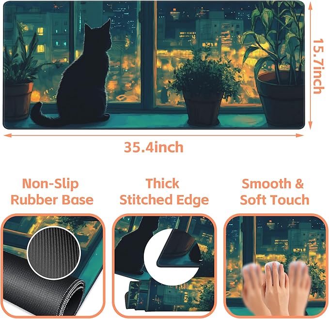 Mouse Pad Large Cat Sitting on The Windowsill Non-Slip Game Desk Mat with Stitched Edge Laptop Keyboard Desk Pad for Work Home Gaming (35.4 x 15.7 Inches)